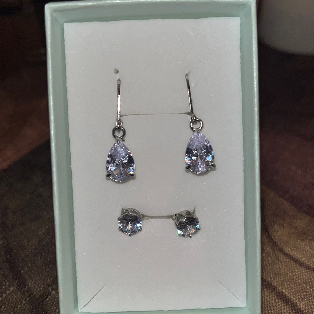 Silver Diamond CZ Earrings Set of 2 Pair